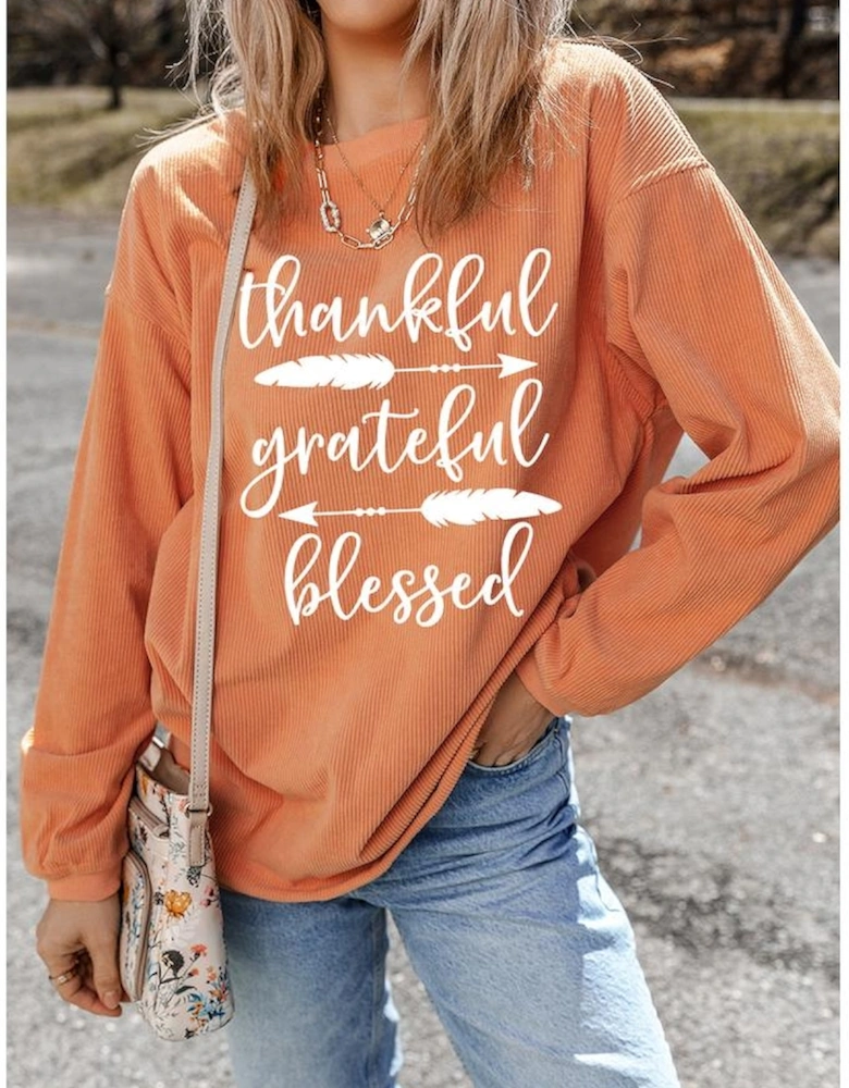 Orange thankful grateful blessed Arrow Graphic Corded Sweatshirt
