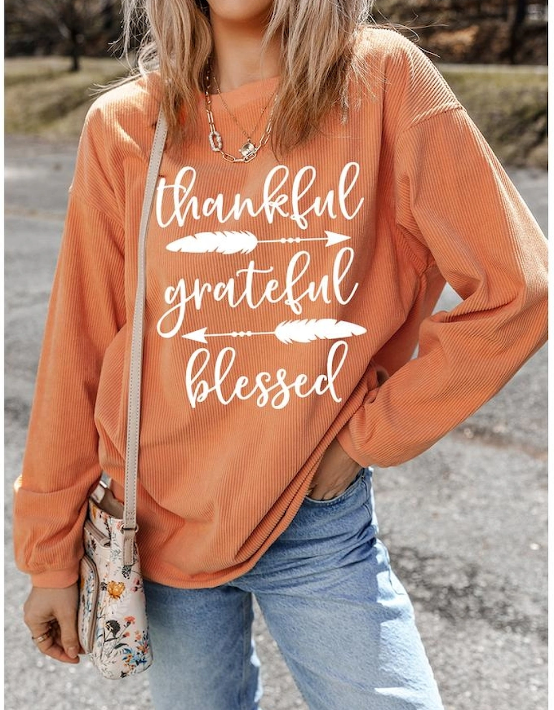 Orange thankful grateful blessed Arrow Graphic Corded Sweatshirt