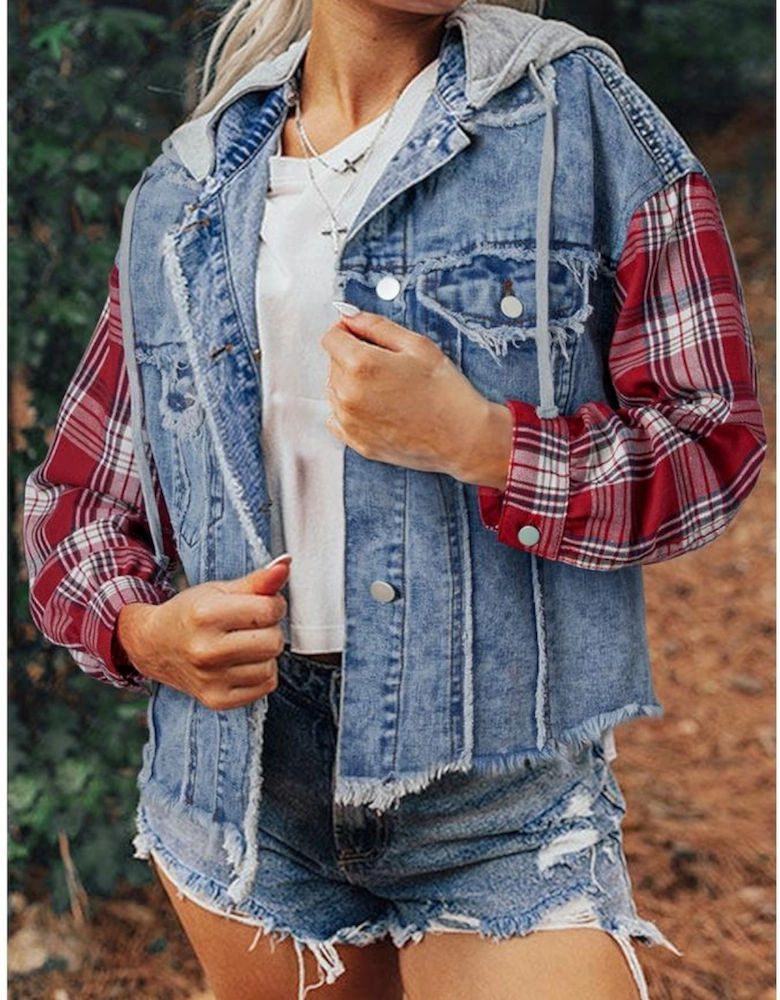 Beau Blue Plaid Print Patchwork Hooded Raw Hem Denim Jacket