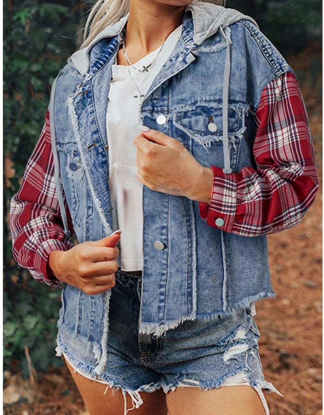 Beau Blue Plaid Print Patchwork Hooded Raw Hem Denim Jacket