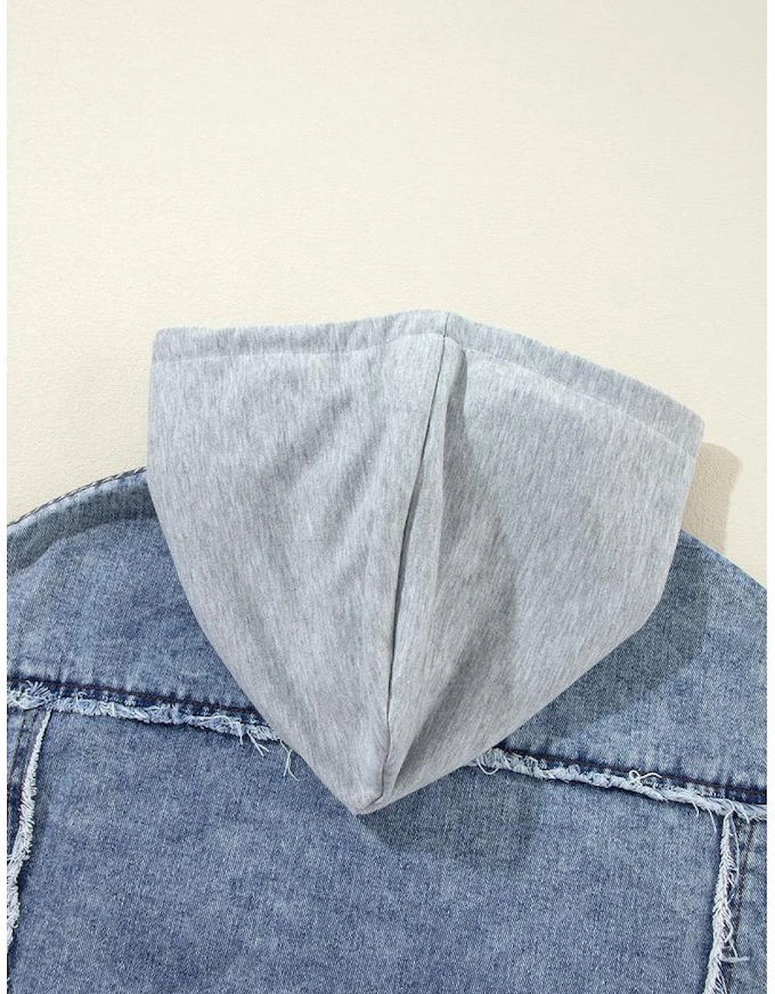 Beau Blue Plaid Print Patchwork Hooded Raw Hem Denim Jacket