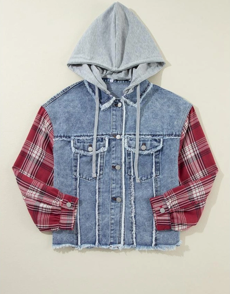 Beau Blue Plaid Print Patchwork Hooded Raw Hem Denim Jacket