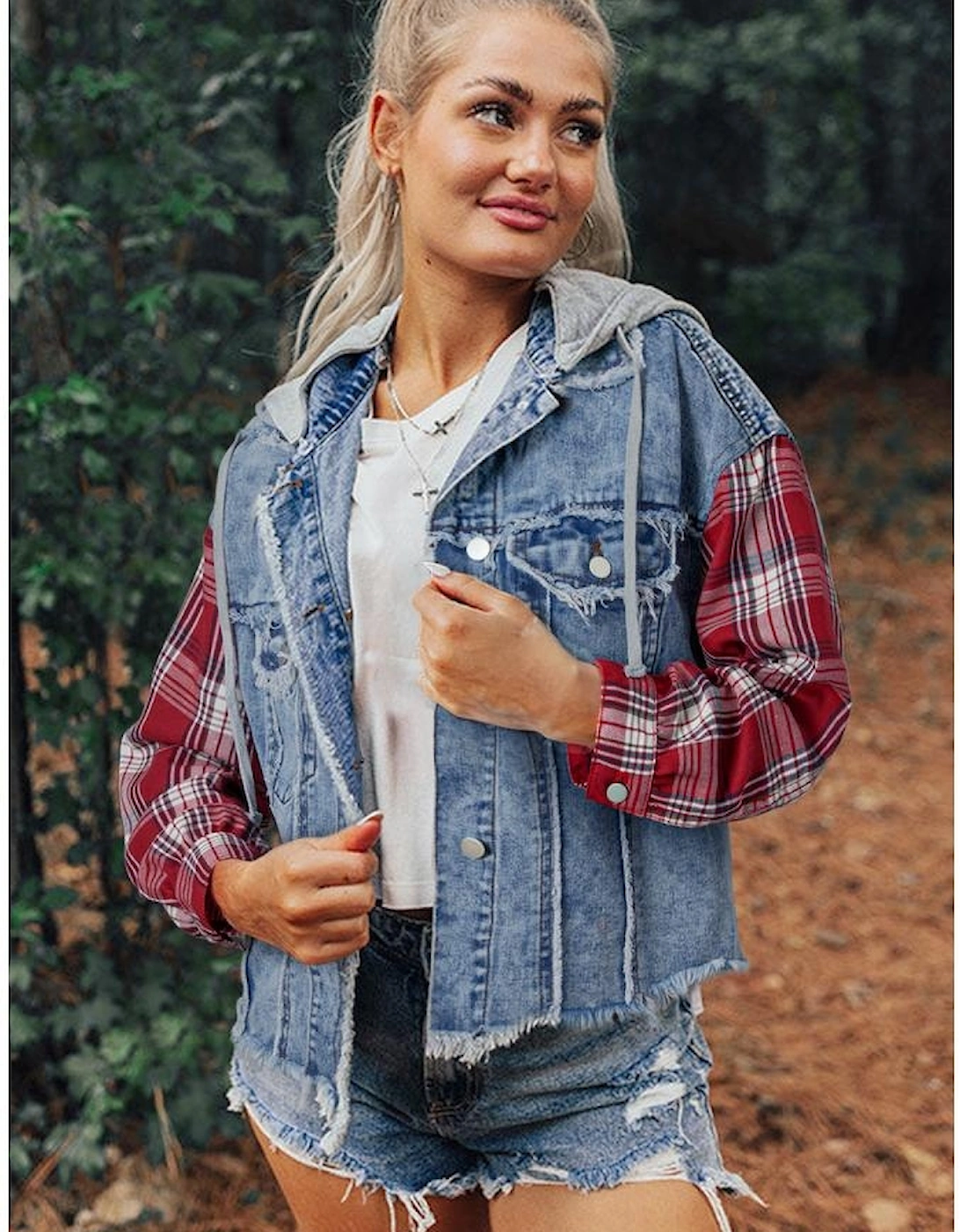 Beau Blue Plaid Print Patchwork Hooded Raw Hem Denim Jacket, 14 of 13