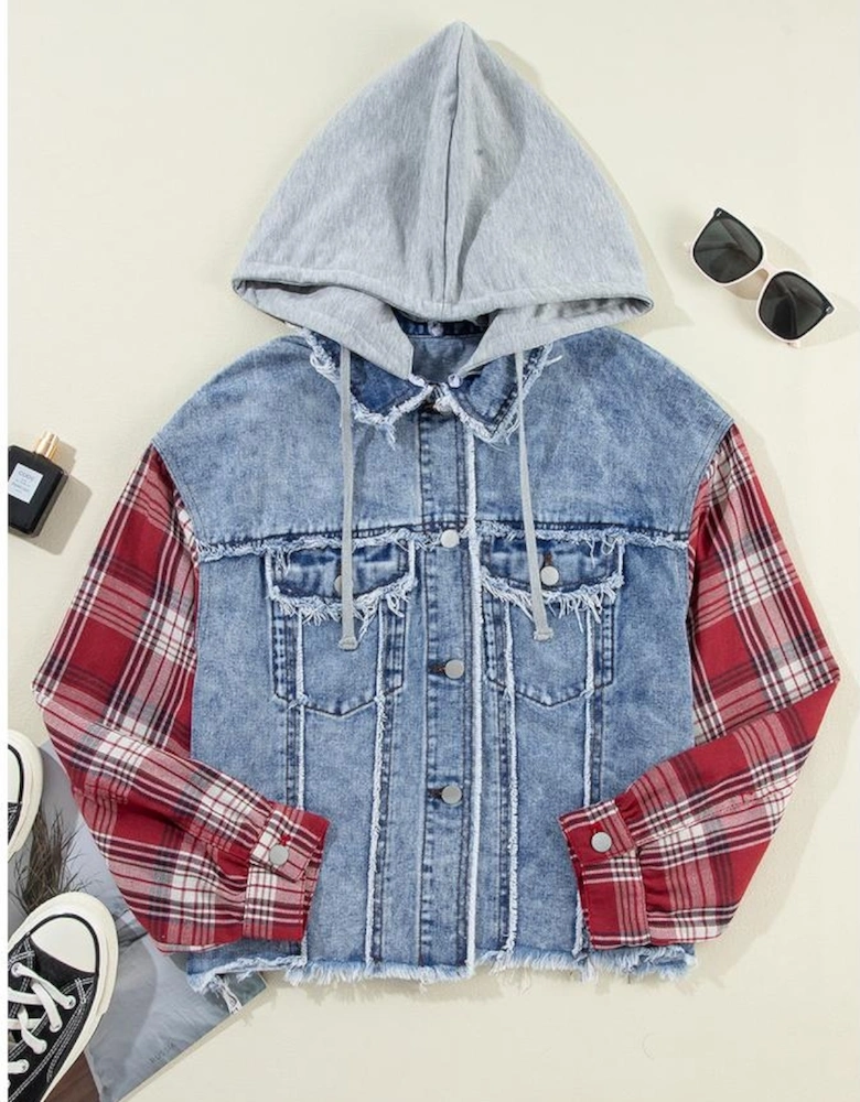 Beau Blue Plaid Print Patchwork Hooded Raw Hem Denim Jacket