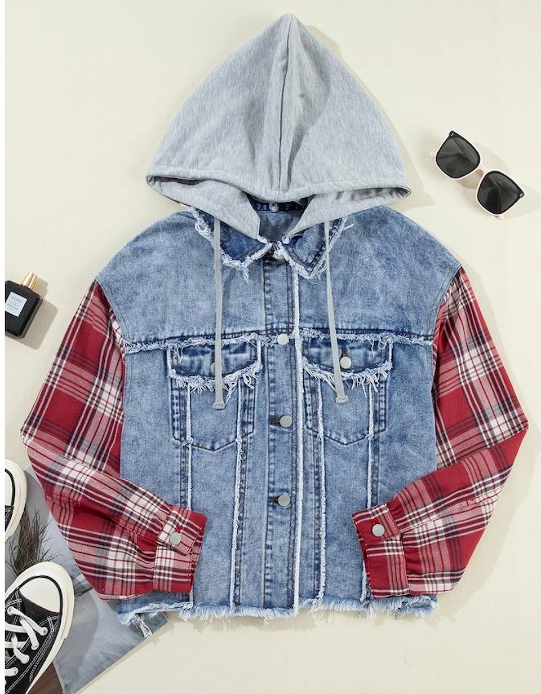 Beau Blue Plaid Print Patchwork Hooded Raw Hem Denim Jacket
