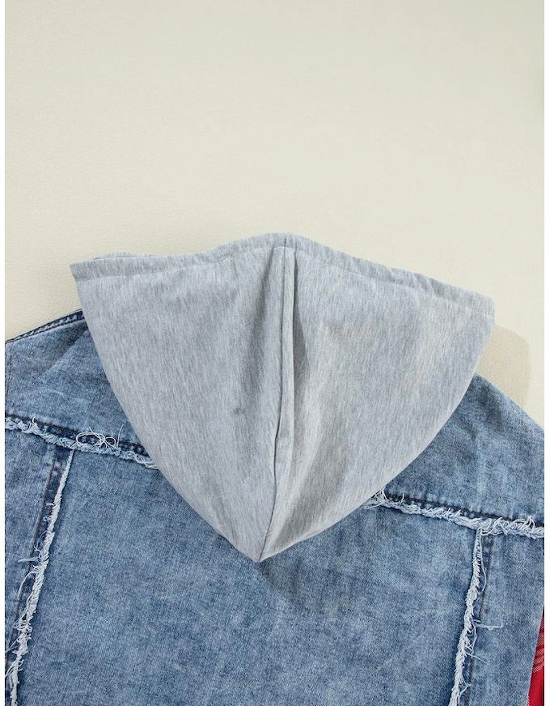 Beau Blue Plaid Print Patchwork Hooded Raw Hem Denim Jacket