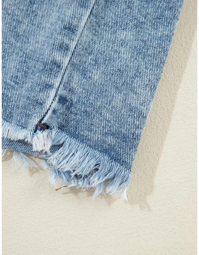 Beau Blue Plaid Print Patchwork Hooded Raw Hem Denim Jacket