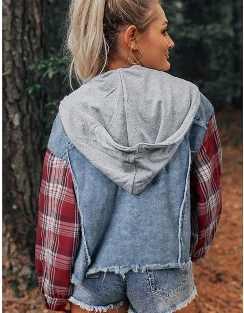 Beau Blue Plaid Print Patchwork Hooded Raw Hem Denim Jacket