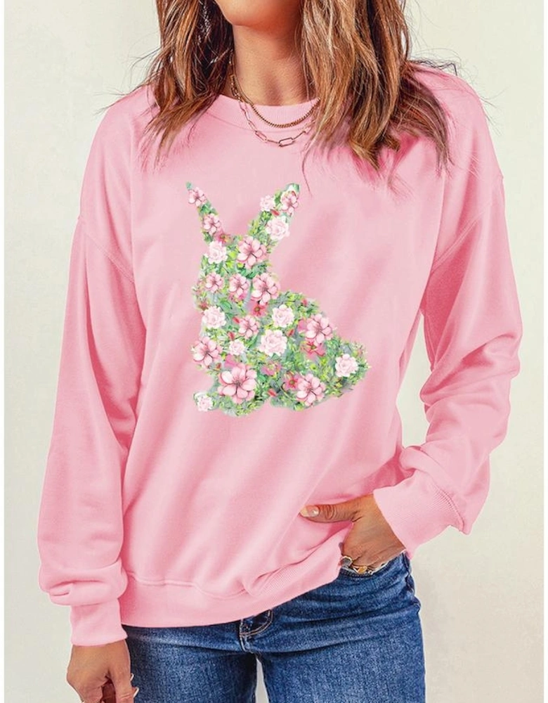 Pink Floral Bunny Printed Crewneck Easter Fashion Sweatshirt