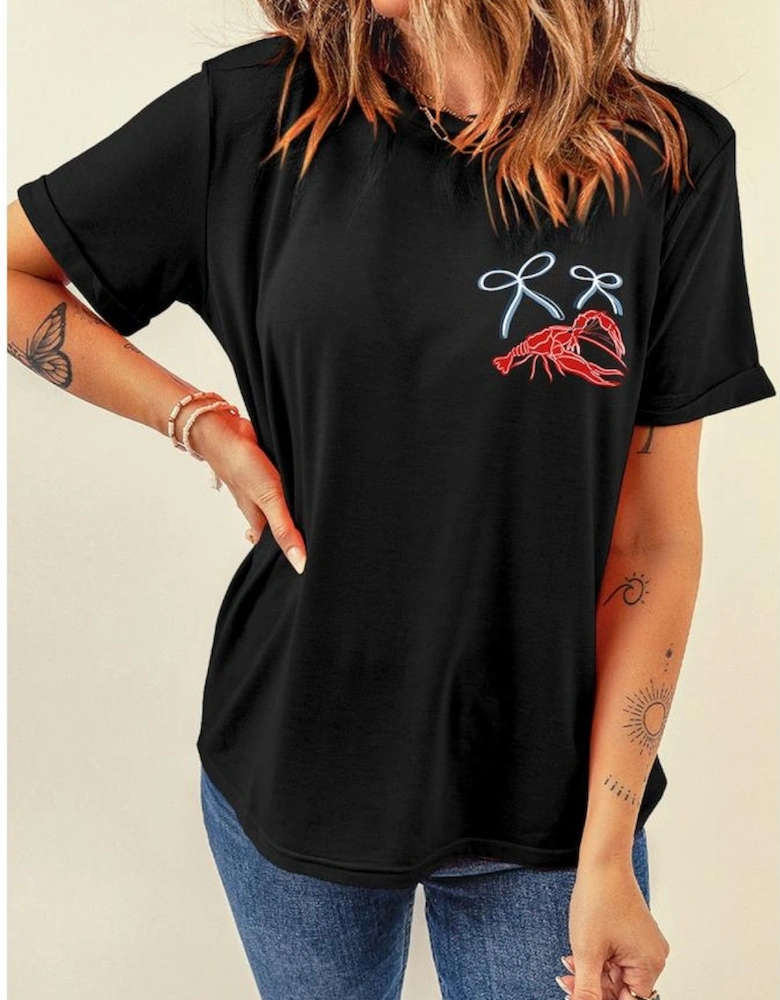 Black Girlie Bow Crawfish Printed T Shirt