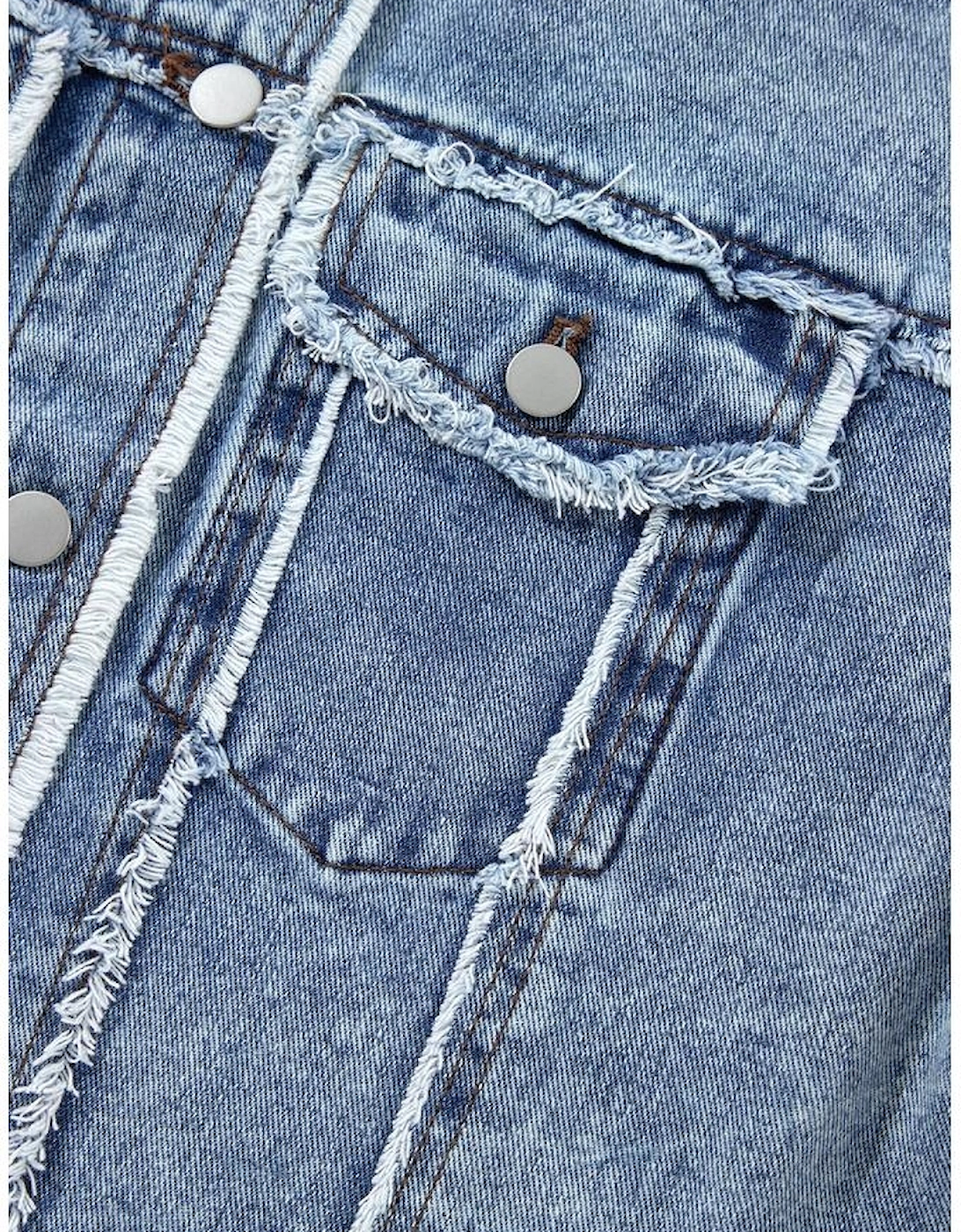 Beau Blue Plaid Print Patchwork Hooded Raw Hem Denim Jacket