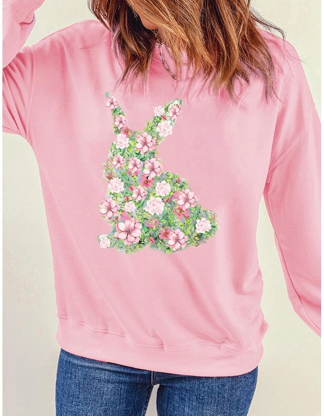 Pink Floral Bunny Printed Crewneck Easter Fashion Sweatshirt