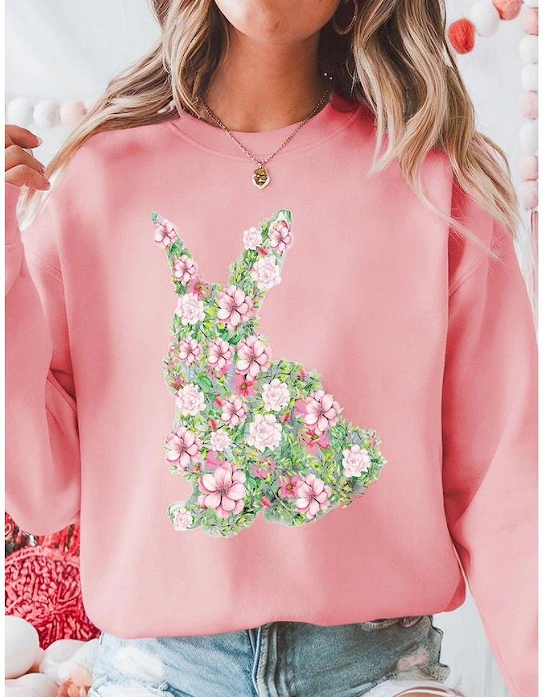 Pink Floral Bunny Printed Crewneck Easter Fashion Sweatshirt, 6 of 5
