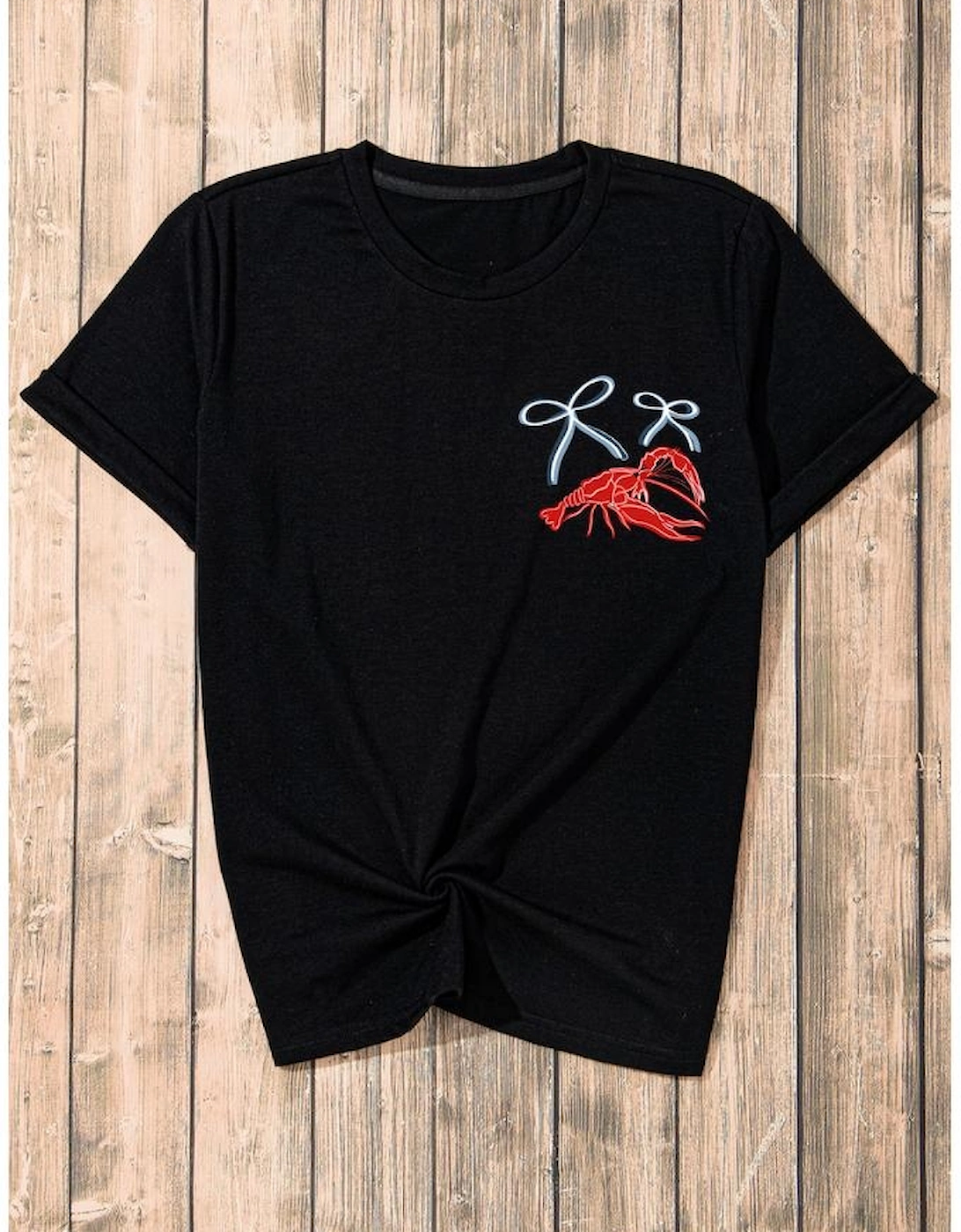 Black Girlie Bow Crawfish Printed T Shirt