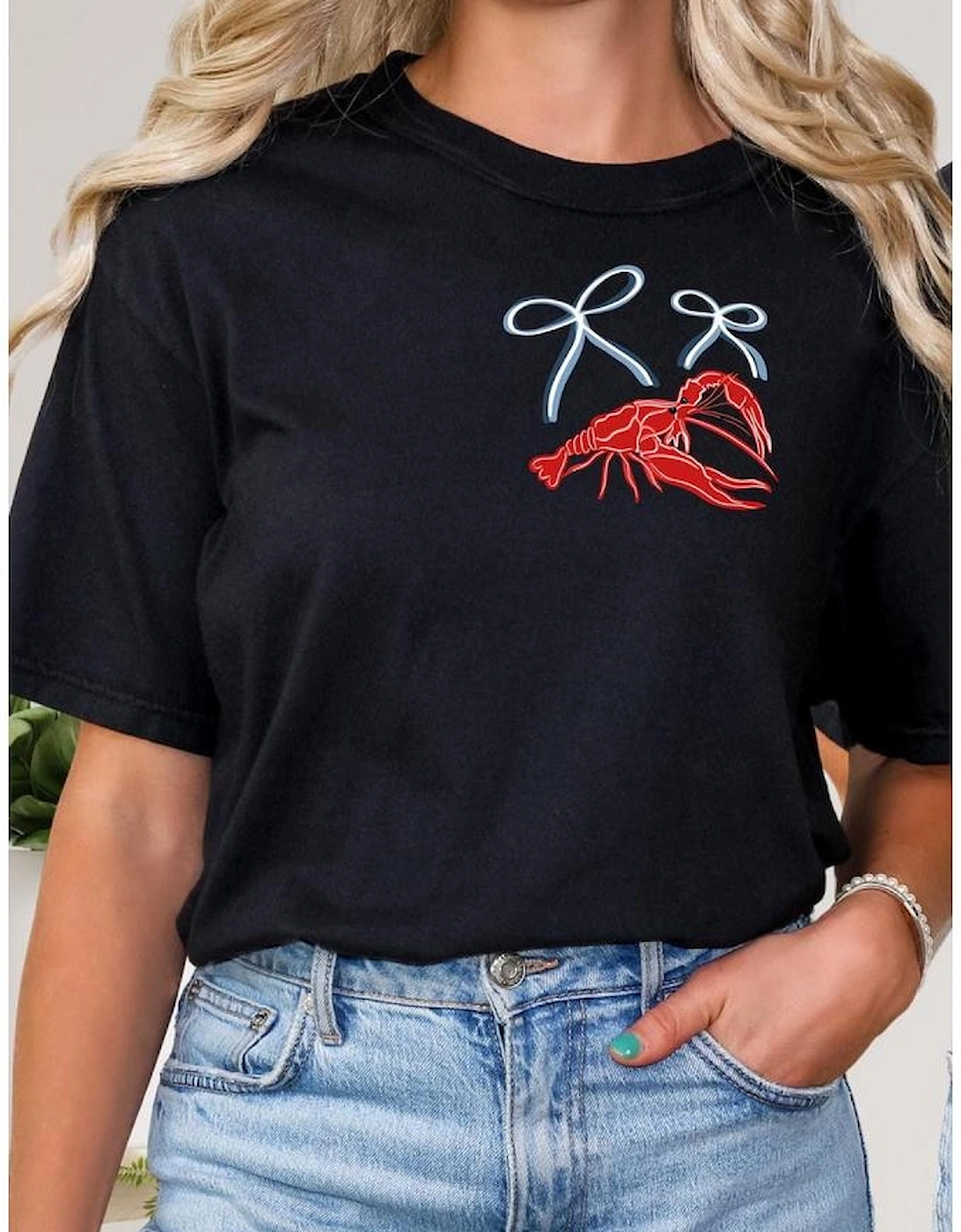 Black Girlie Bow Crawfish Printed T Shirt, 9 of 8