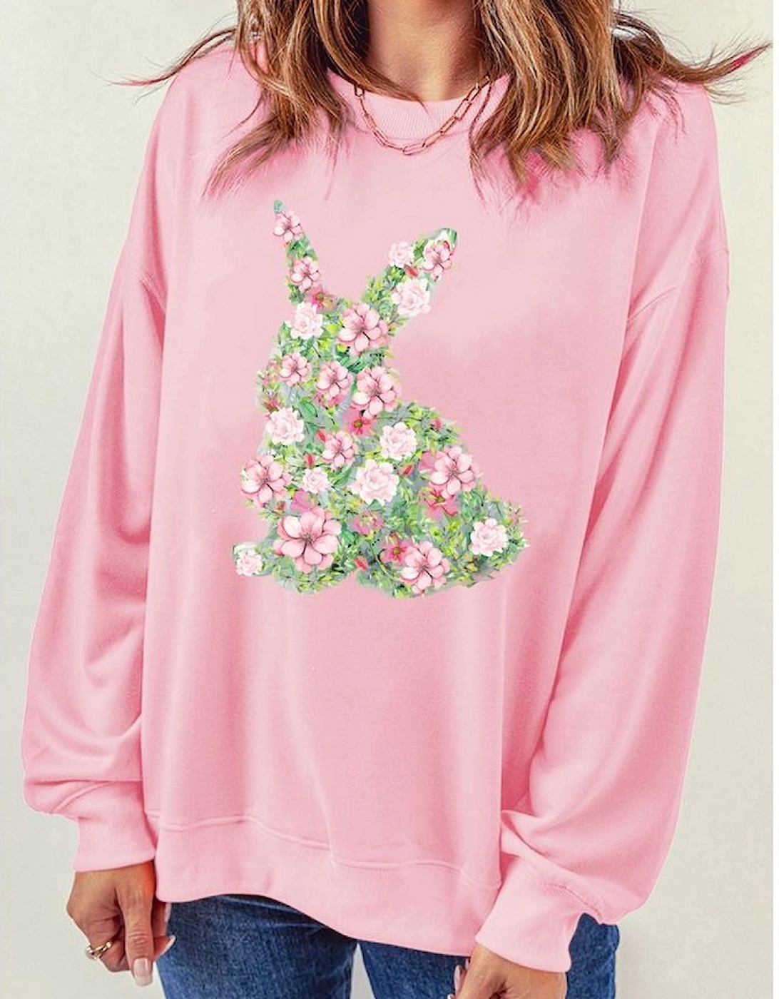 Pink Floral Bunny Printed Crewneck Easter Fashion Sweatshirt