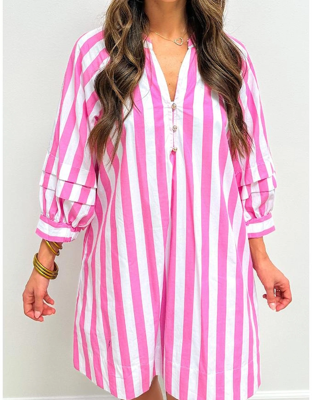 Rose Stripe Bracelet Sleeve Buttons Loose Mini Dress