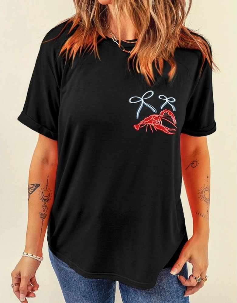 Black Girlie Bow Crawfish Printed T Shirt