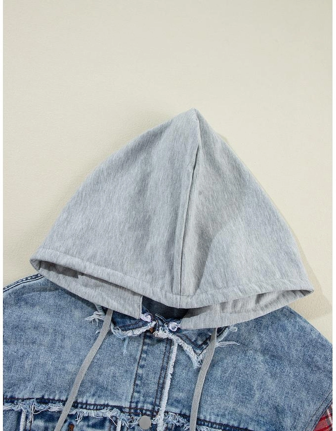 Beau Blue Plaid Print Patchwork Hooded Raw Hem Denim Jacket
