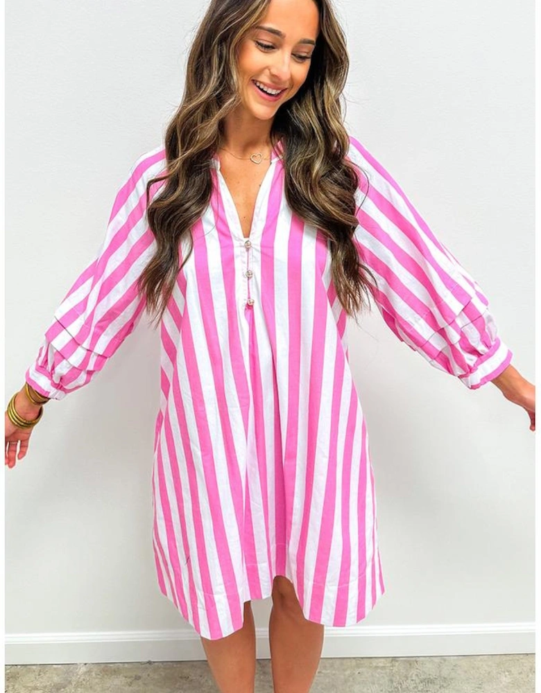 Rose Stripe Bracelet Sleeve Buttons Loose Mini Dress