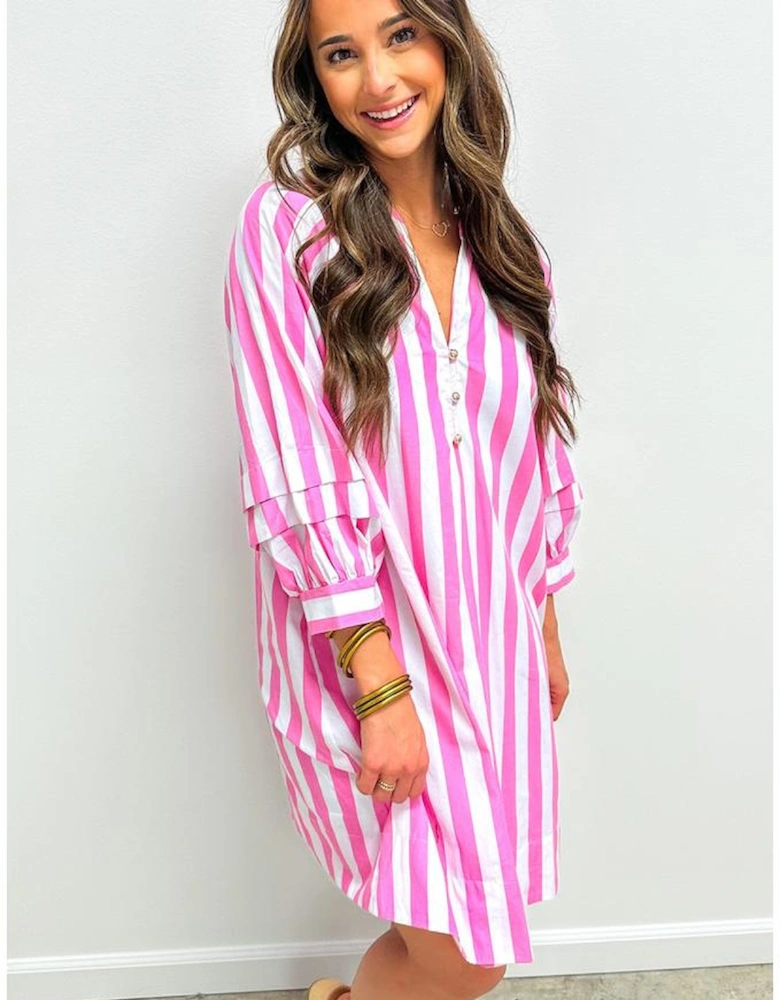 Rose Stripe Bracelet Sleeve Buttons Loose Mini Dress