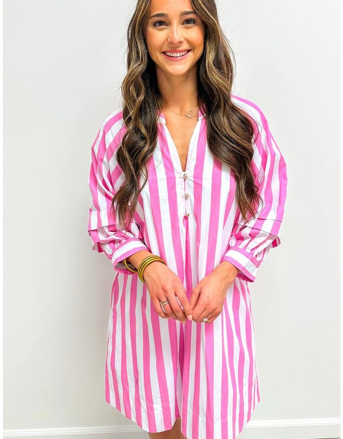 Rose Stripe Bracelet Sleeve Buttons Loose Mini Dress