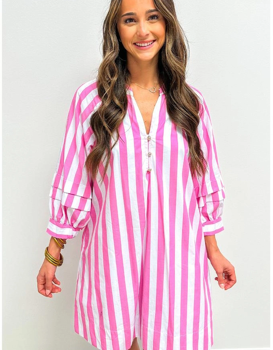 Rose Stripe Bracelet Sleeve Buttons Loose Mini Dress