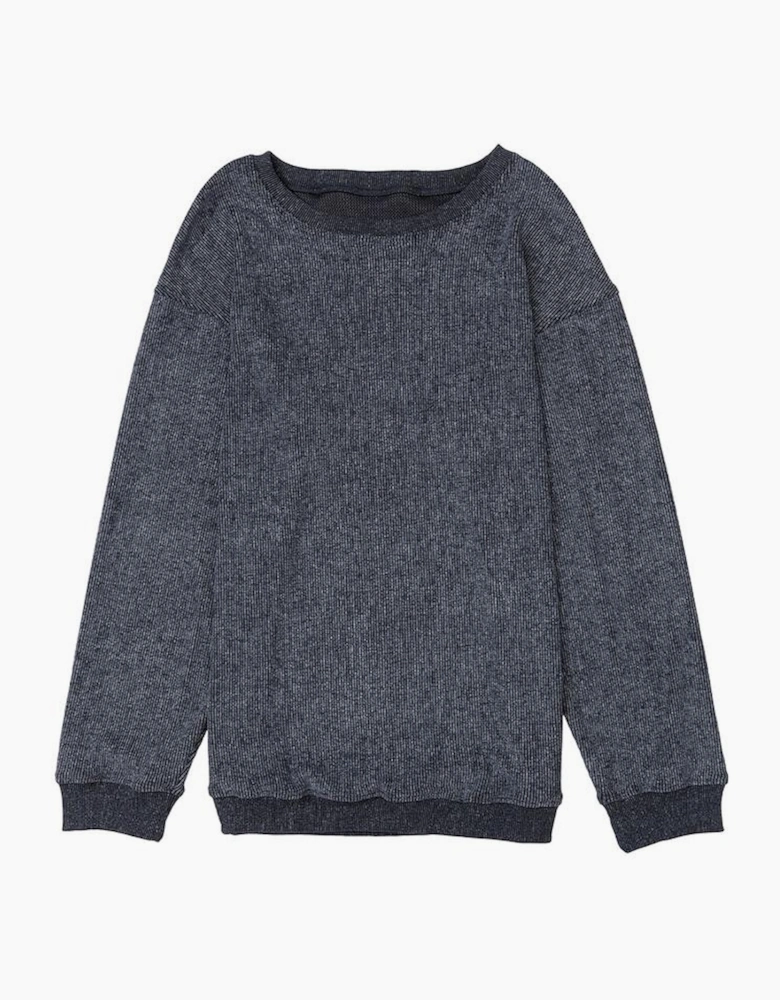 Gray Solid Ribbed Knit Round Neck Pullover Sweatshirt