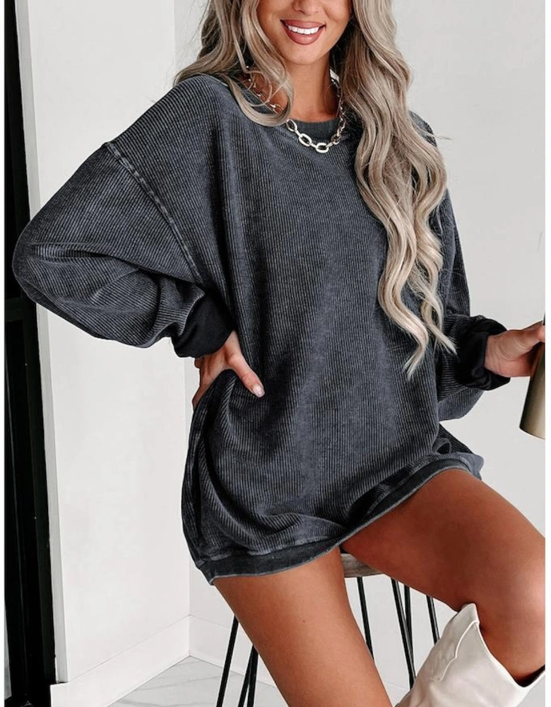 Gray Solid Ribbed Knit Round Neck Pullover Sweatshirt