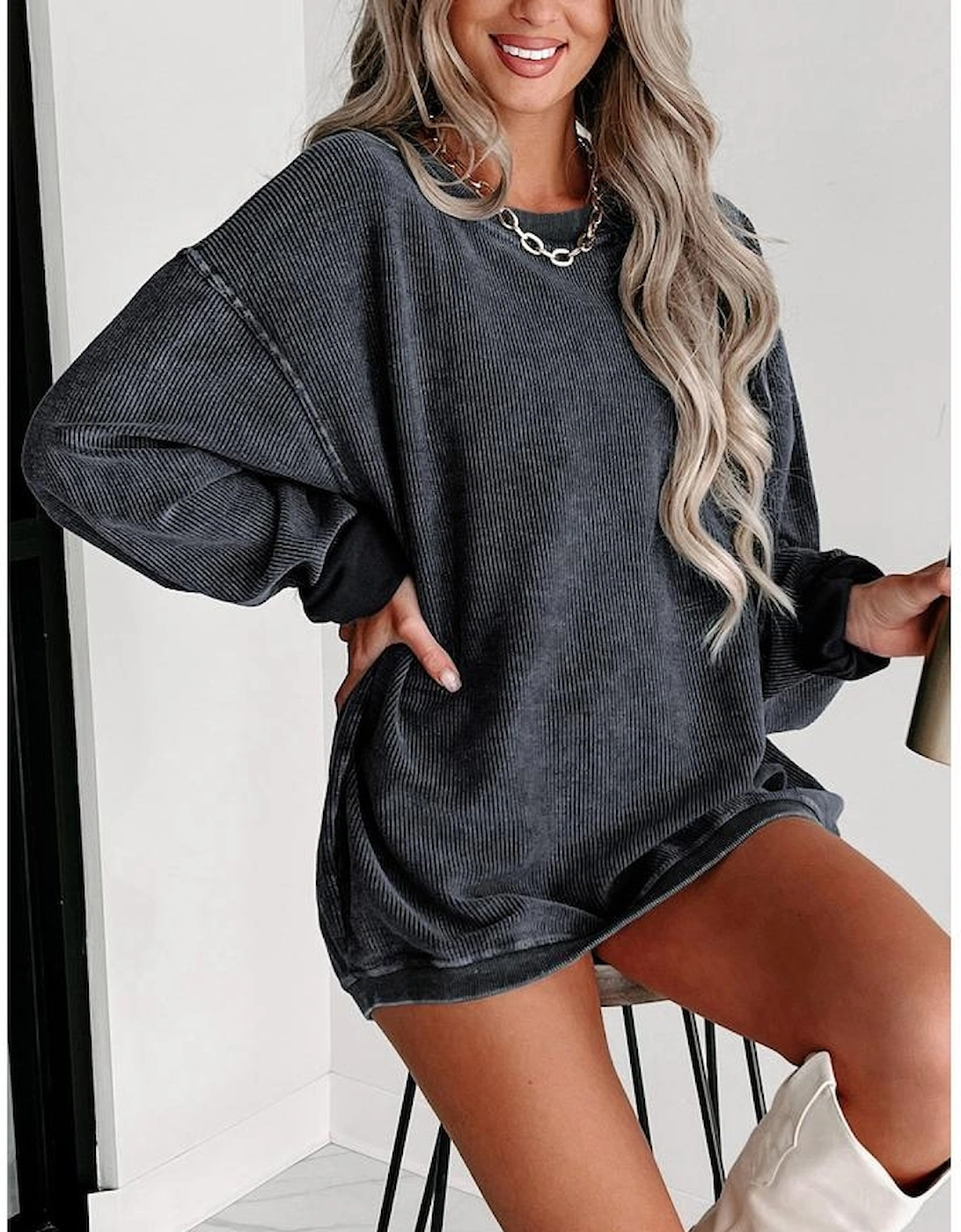 Gray Solid Ribbed Knit Round Neck Pullover Sweatshirt