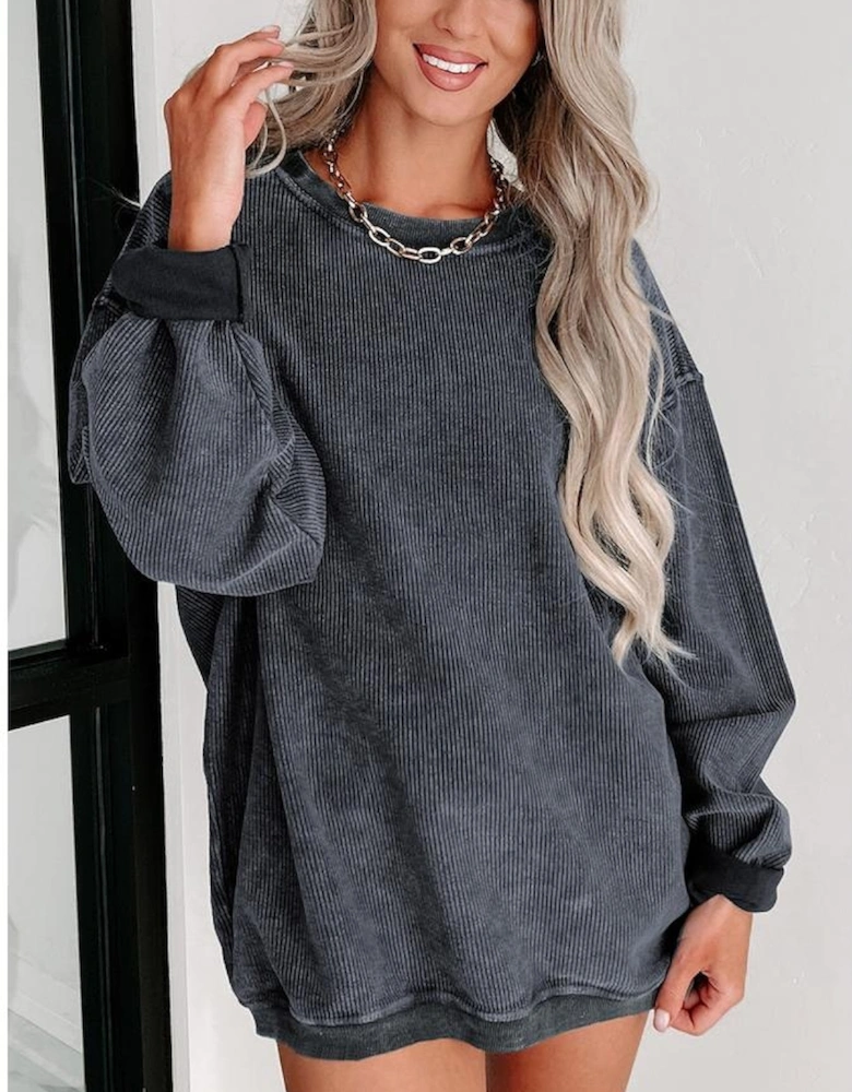 Gray Solid Ribbed Knit Round Neck Pullover Sweatshirt