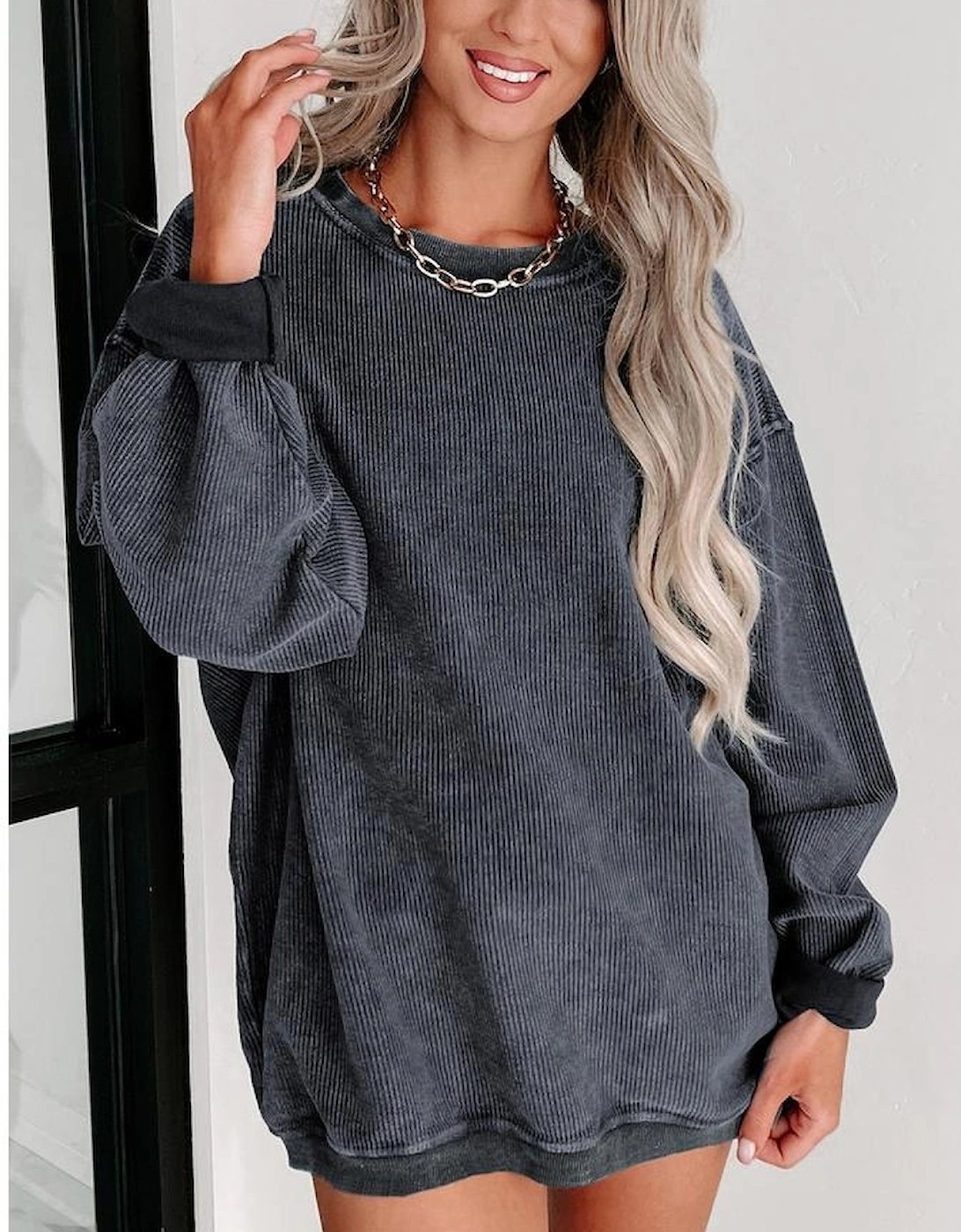 Gray Solid Ribbed Knit Round Neck Pullover Sweatshirt