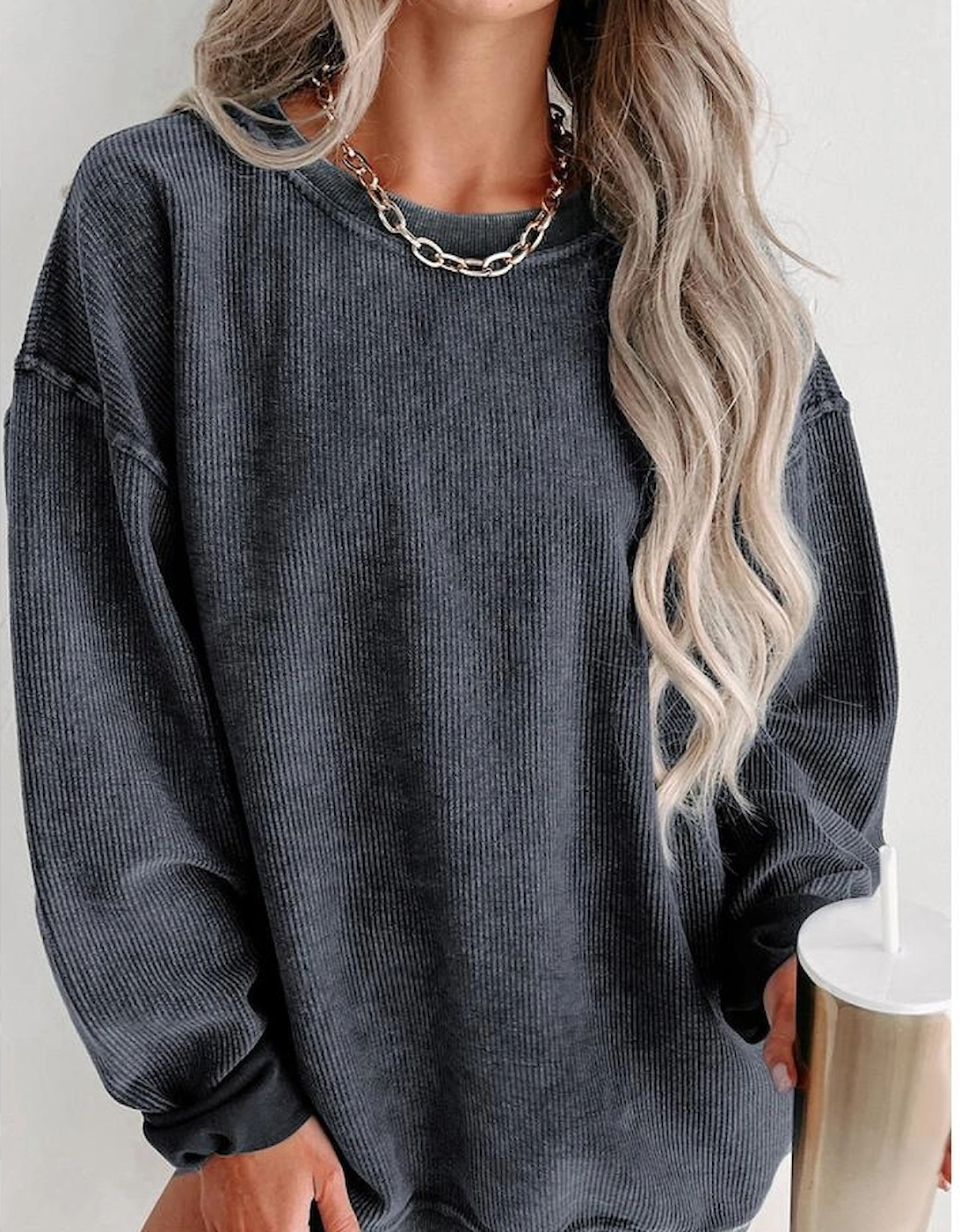 Gray Solid Ribbed Knit Round Neck Pullover Sweatshirt