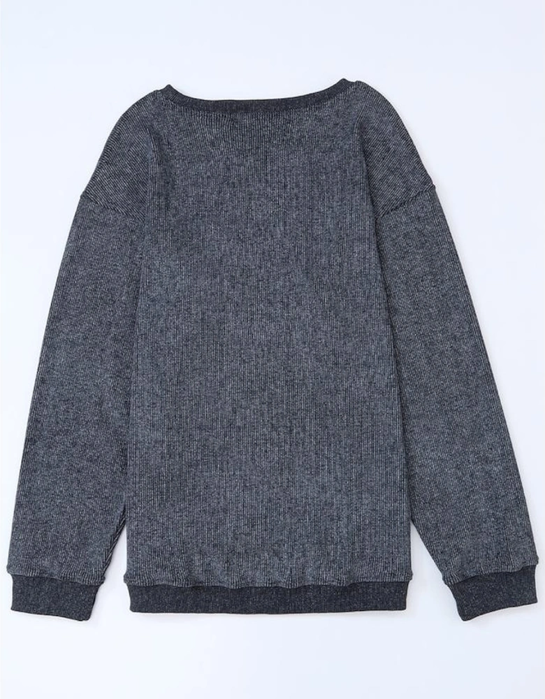 Gray Solid Ribbed Knit Round Neck Pullover Sweatshirt