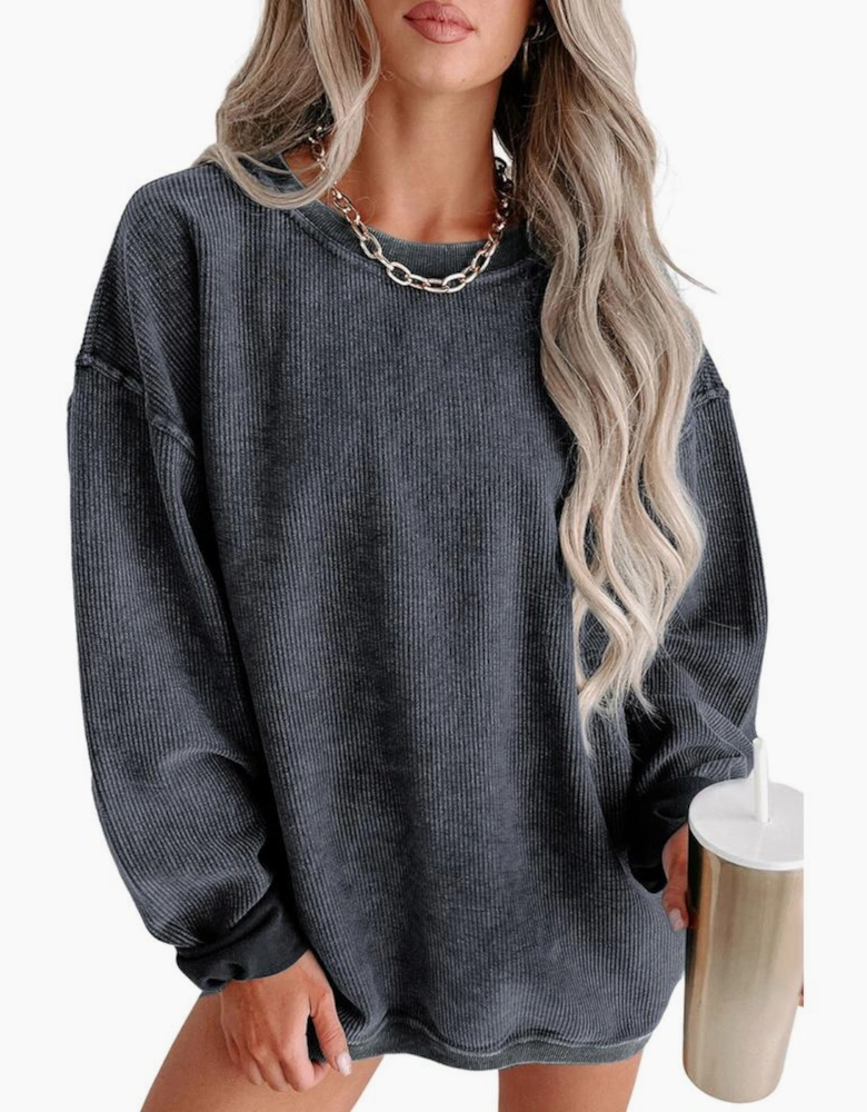 Gray Solid Ribbed Knit Round Neck Pullover Sweatshirt