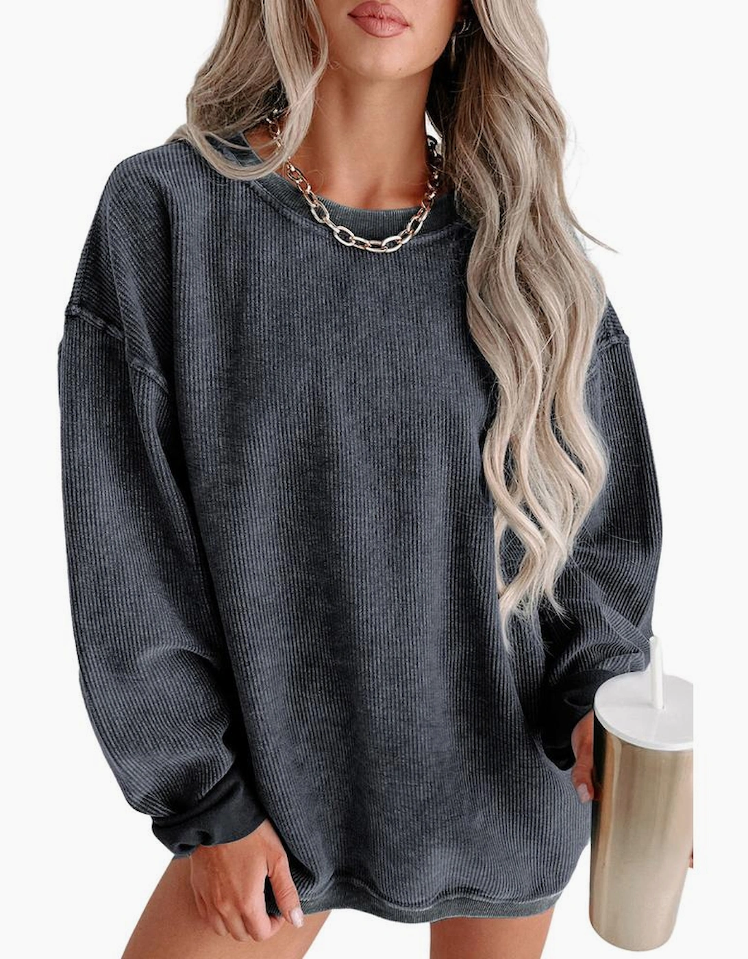 Gray Solid Ribbed Knit Round Neck Pullover Sweatshirt