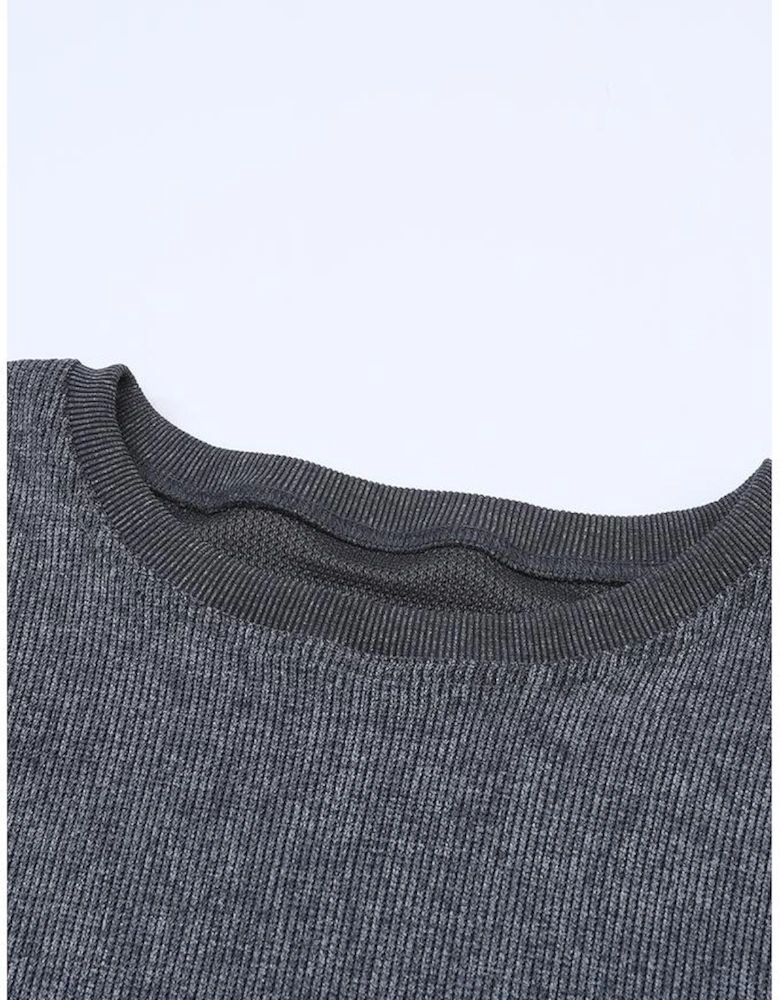 Gray Solid Ribbed Knit Round Neck Pullover Sweatshirt
