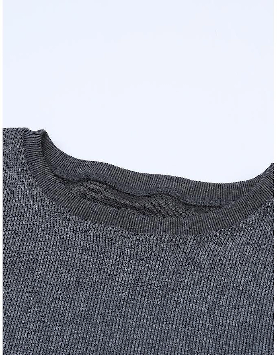 Gray Solid Ribbed Knit Round Neck Pullover Sweatshirt
