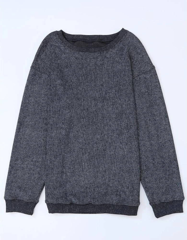 Gray Solid Ribbed Knit Round Neck Pullover Sweatshirt