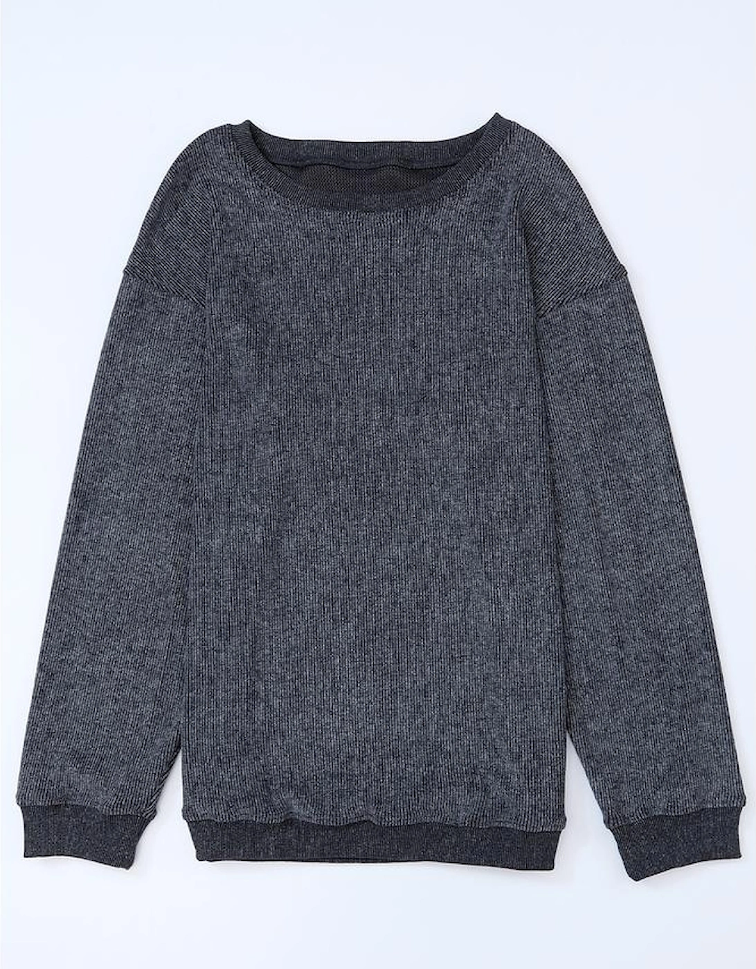 Gray Solid Ribbed Knit Round Neck Pullover Sweatshirt