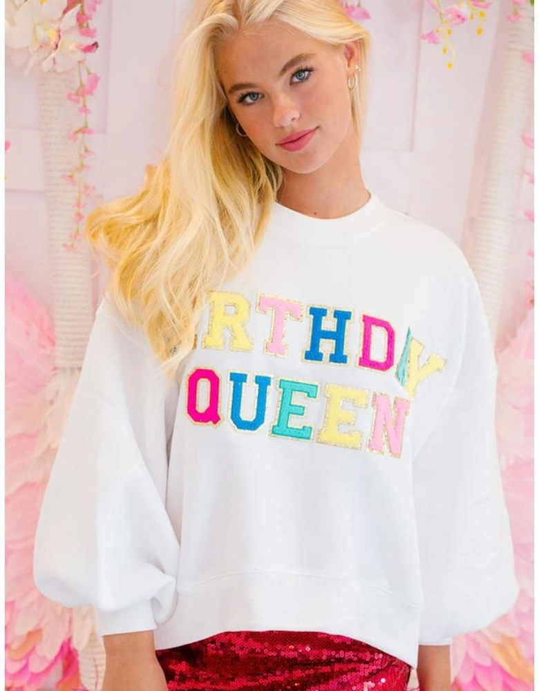 White BIRTHDAY QUEEN Graphic Balloon Sleeve Sweatshirt