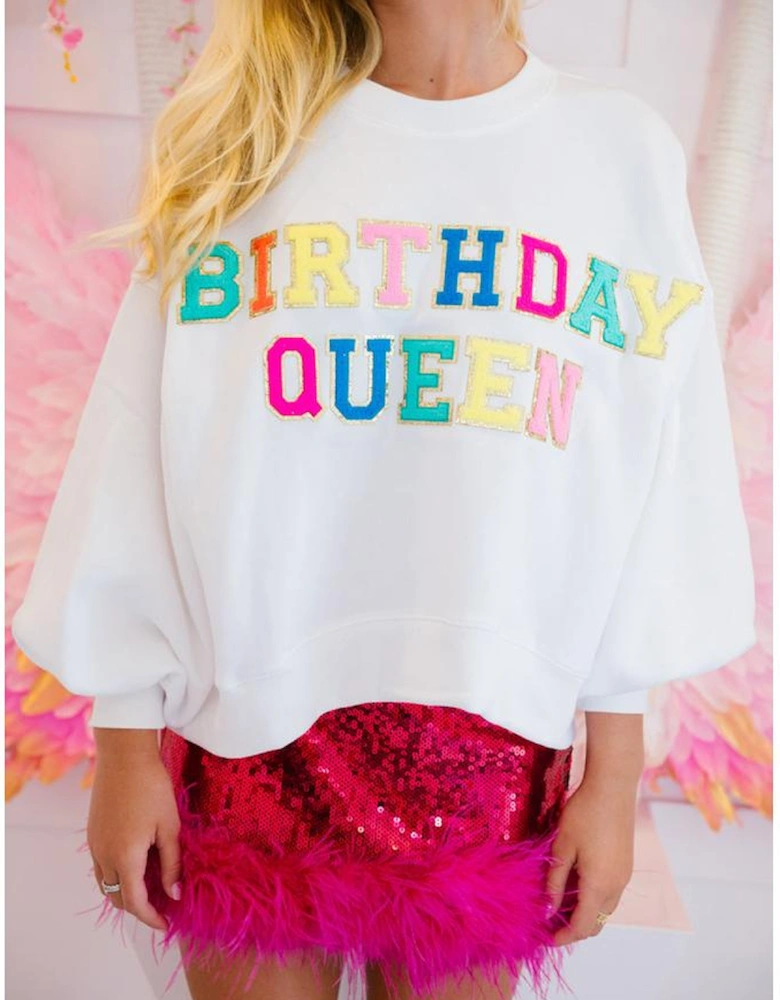White BIRTHDAY QUEEN Graphic Balloon Sleeve Sweatshirt