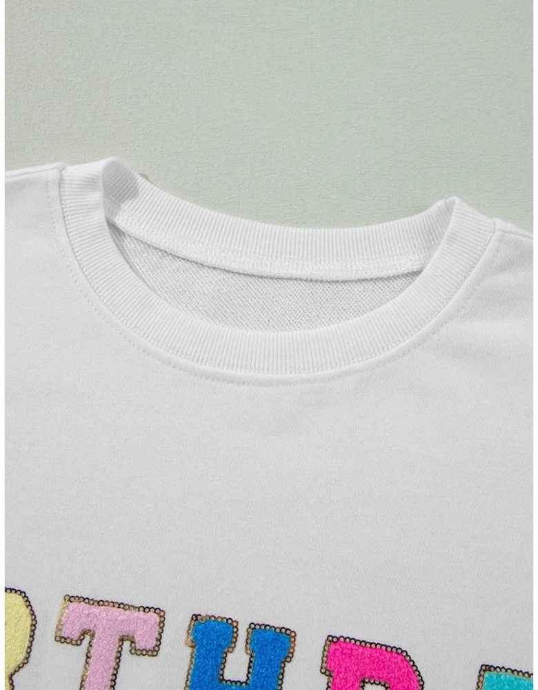 White BIRTHDAY QUEEN Graphic Balloon Sleeve Sweatshirt