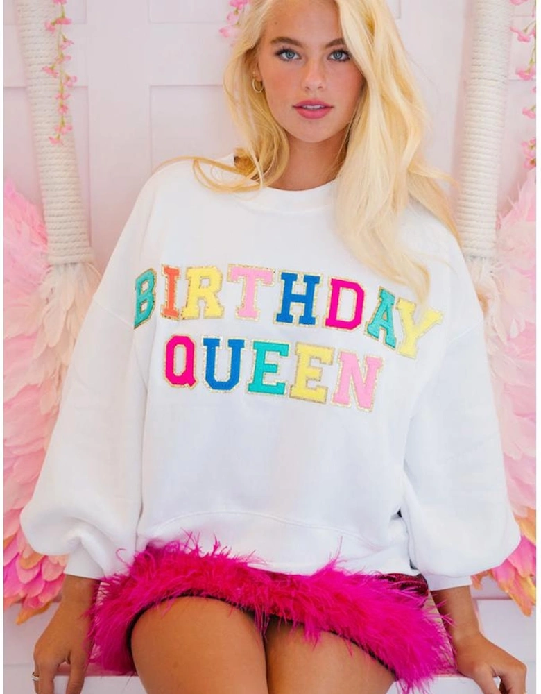 White BIRTHDAY QUEEN Graphic Balloon Sleeve Sweatshirt