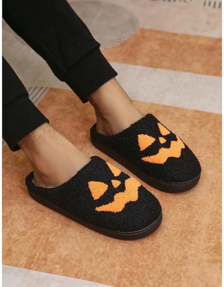 Black Halloween Pumpkin Face Graphic Plush Slippers