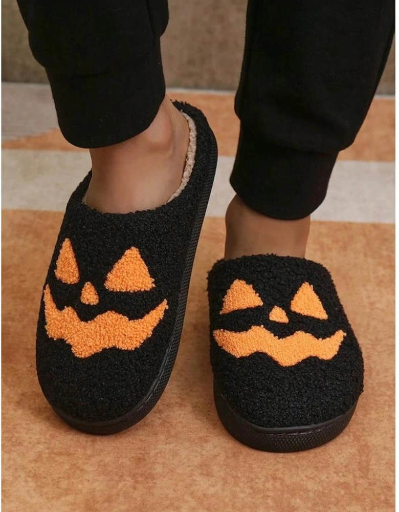 Black Halloween Pumpkin Face Graphic Plush Slippers