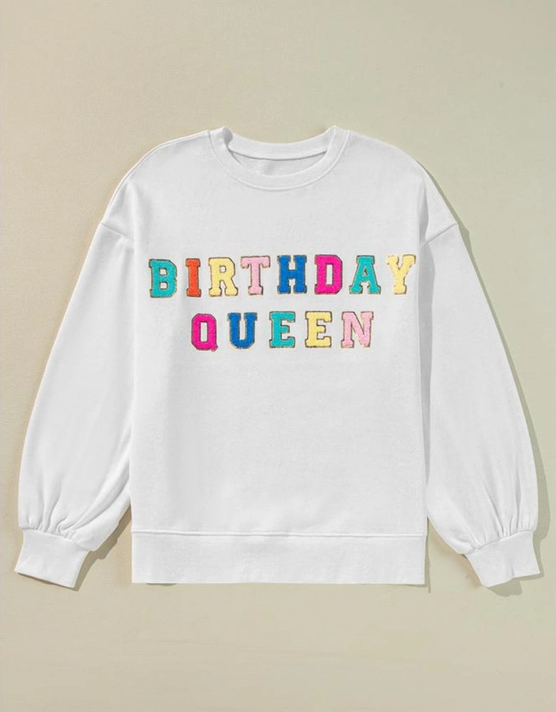 White BIRTHDAY QUEEN Graphic Balloon Sleeve Sweatshirt