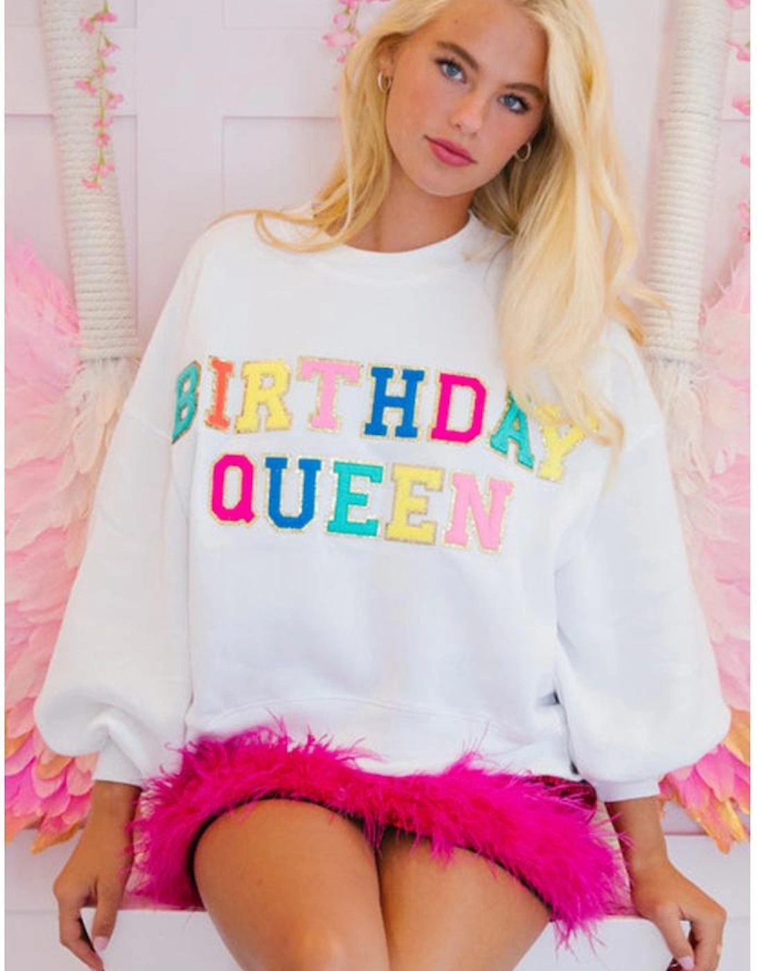 White BIRTHDAY QUEEN Graphic Balloon Sleeve Sweatshirt