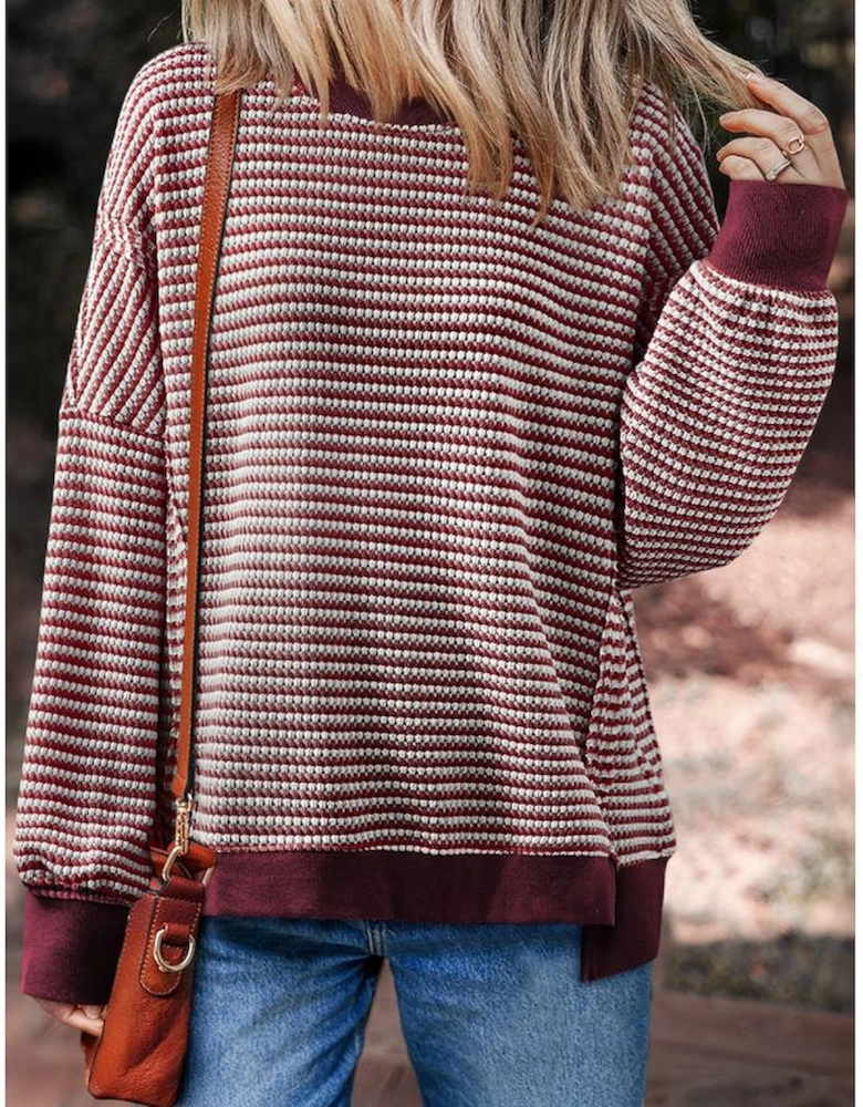 Red Stripe Ribbed Trim Drop Shoulder Long Sleeve Oversize Top