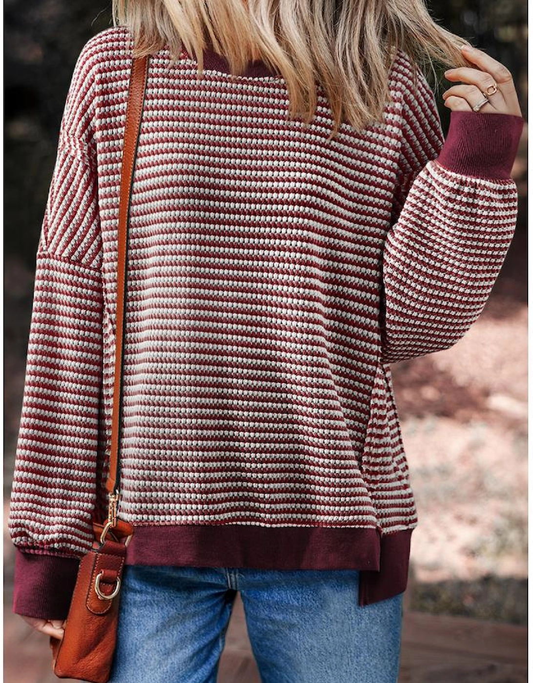 Red Stripe Ribbed Trim Drop Shoulder Long Sleeve Oversize Top, 3 of 2